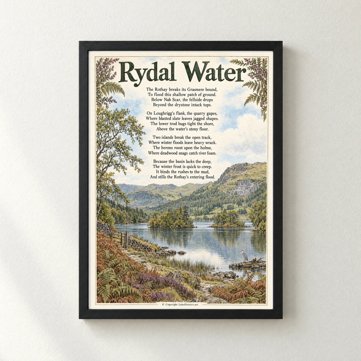 Rydal Water poem print in a black frame