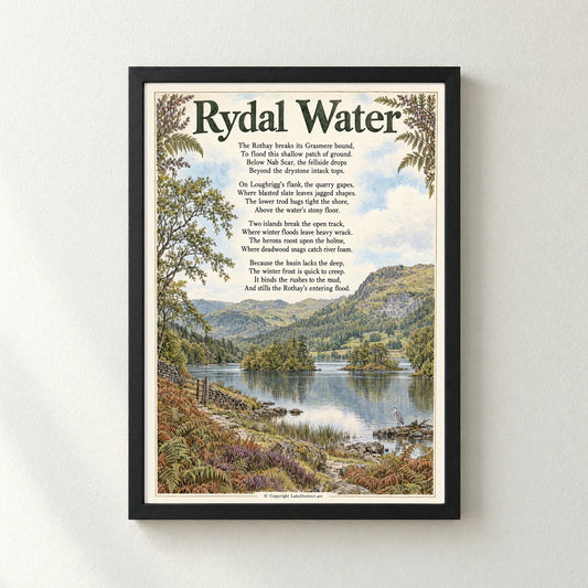 Rydal Water poem print in a black frame