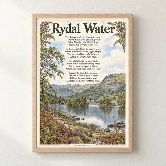 Rydal Water poem print in a natural frame