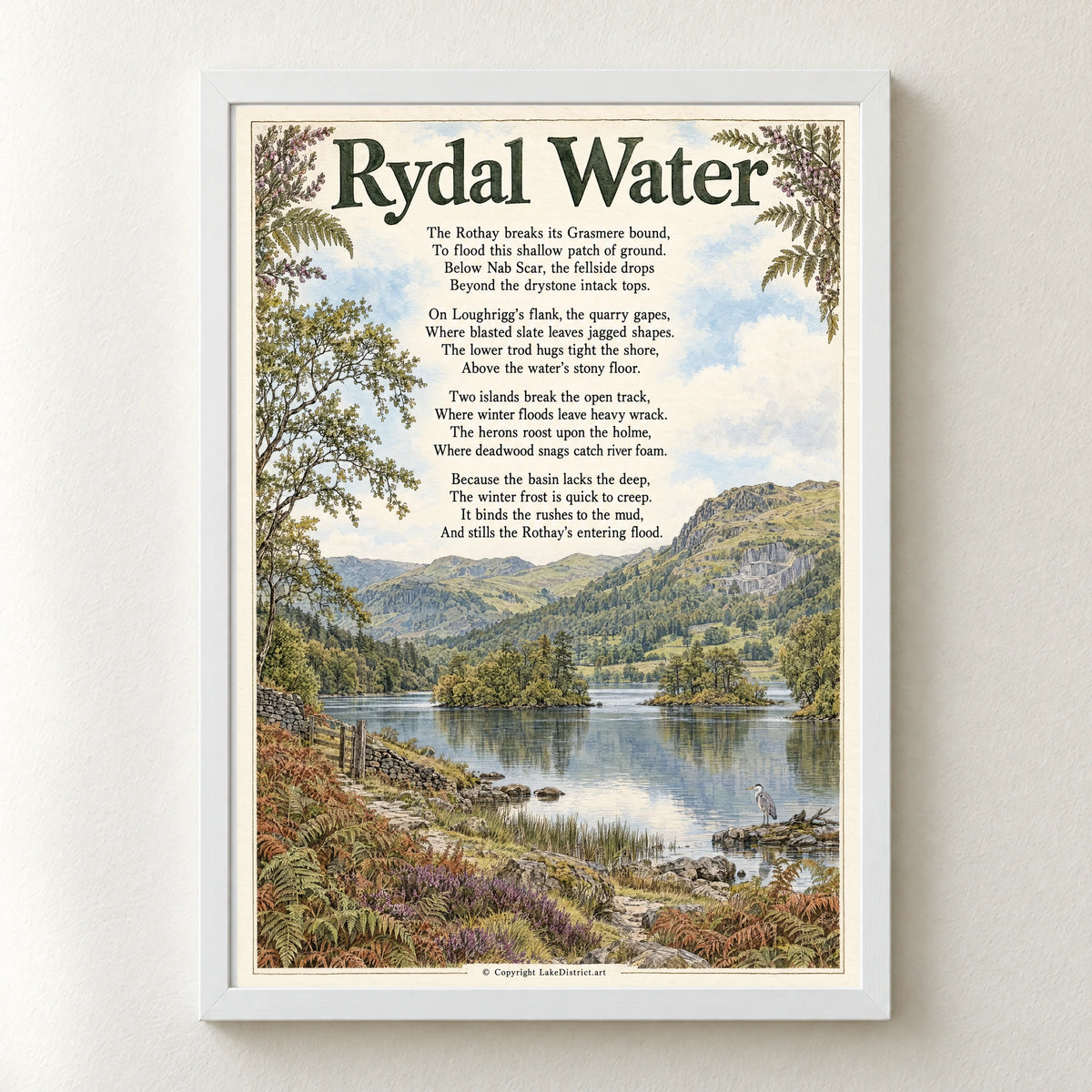 Rydal Water poem print in a white frame