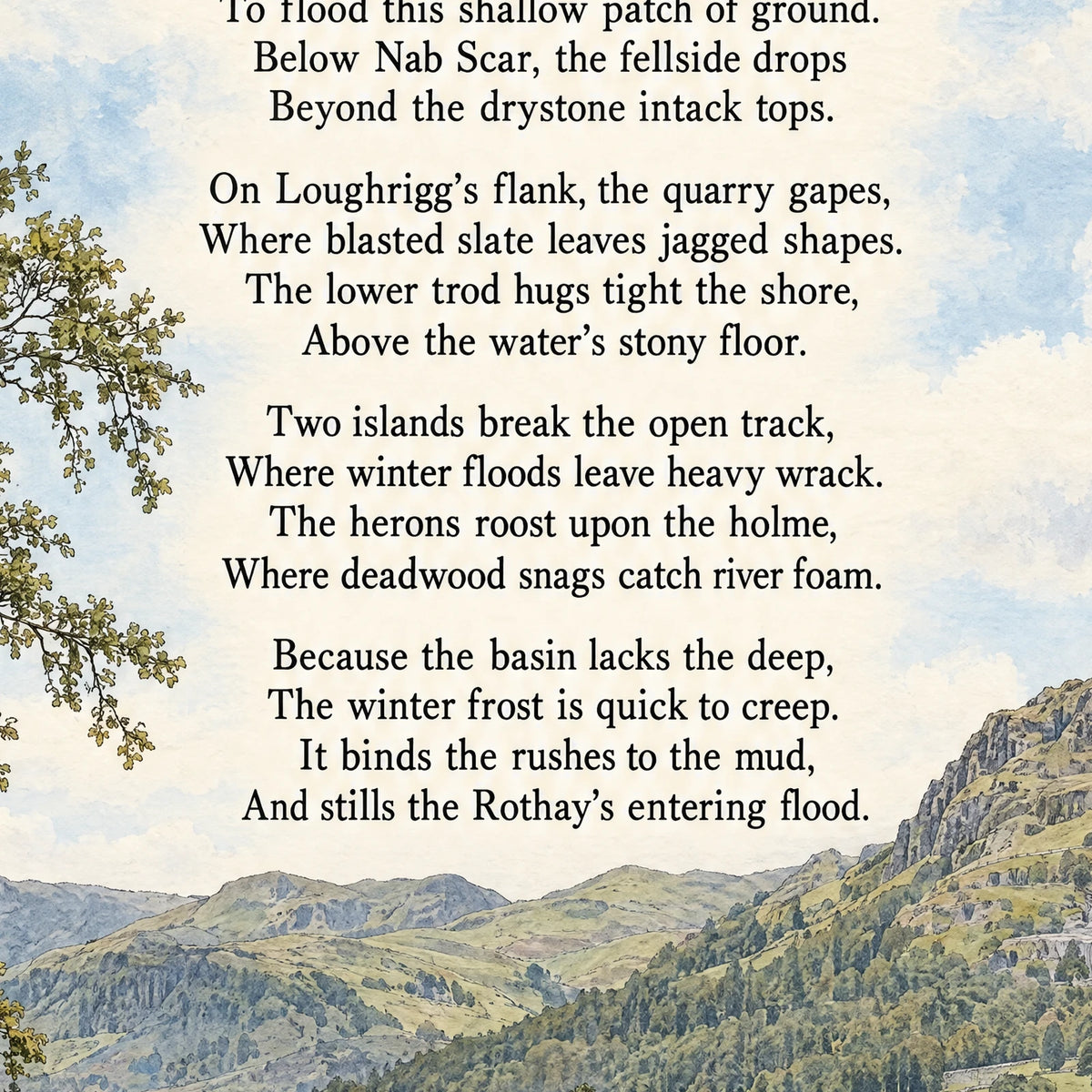 Rydal Water poem print close-up: the lettering of the poem