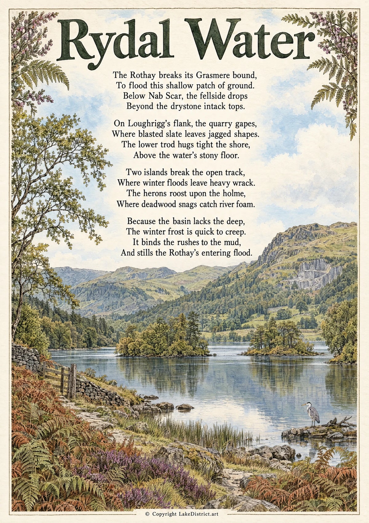 Rydal Water, an illustrated Lake District poem print