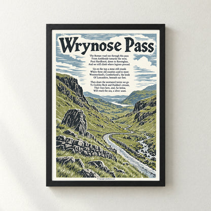 Wrynose Pass poem print in a black frame