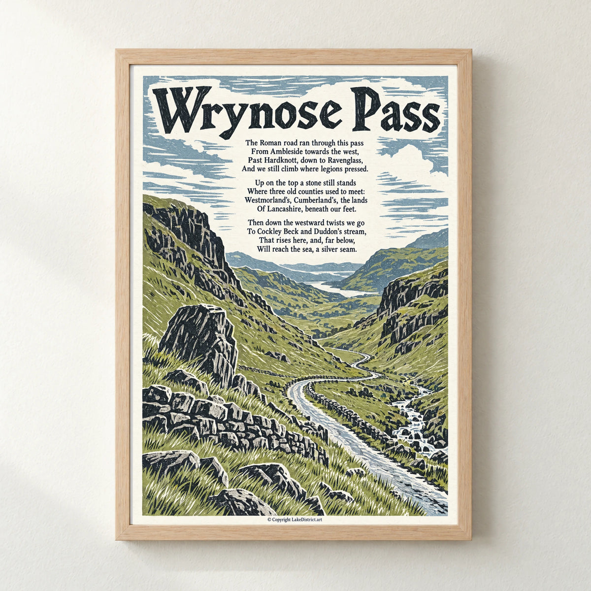 Wrynose Pass poem print in a natural frame