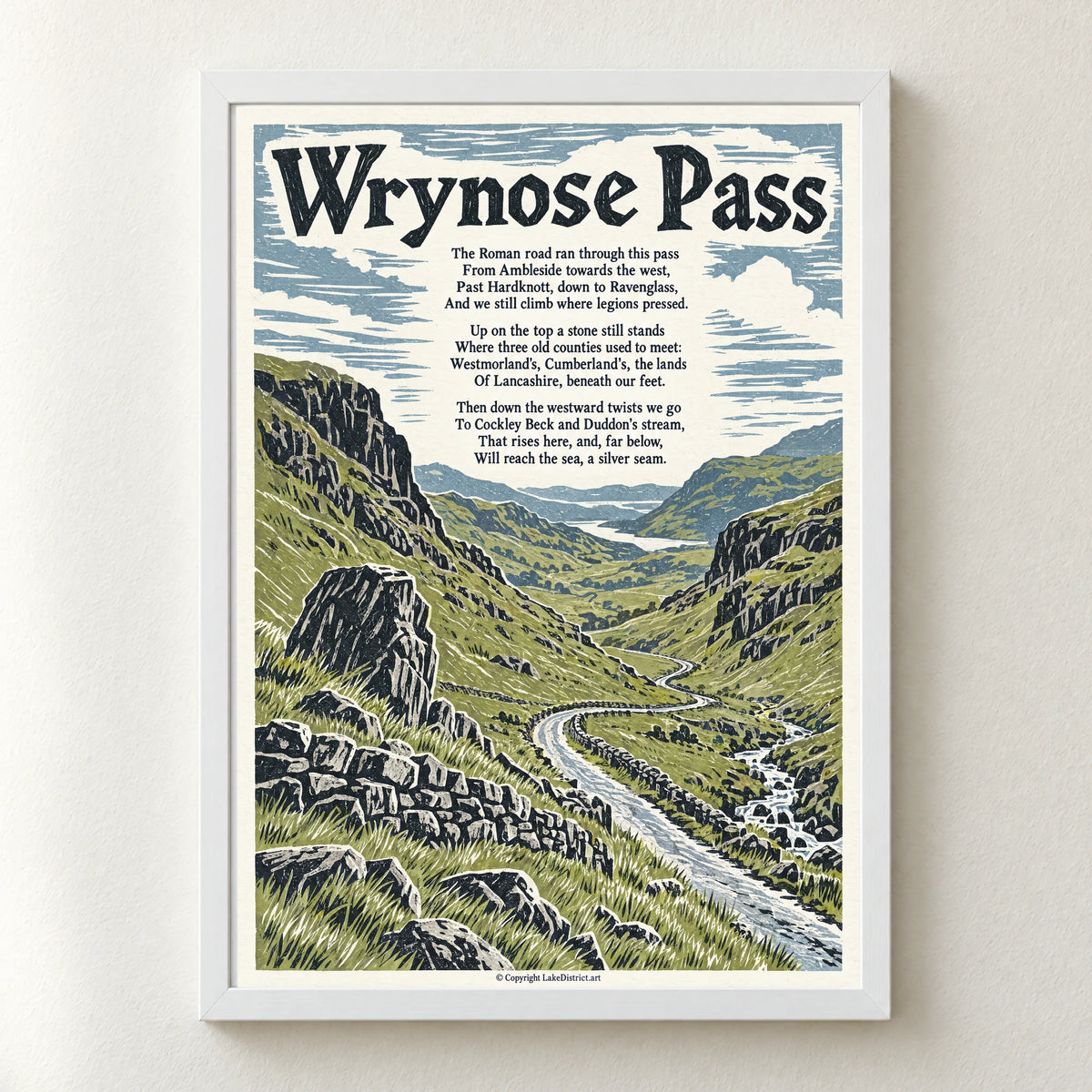 Wrynose Pass poem print in a white frame