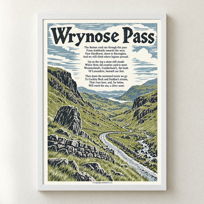 Wrynose Pass poem print in a white frame