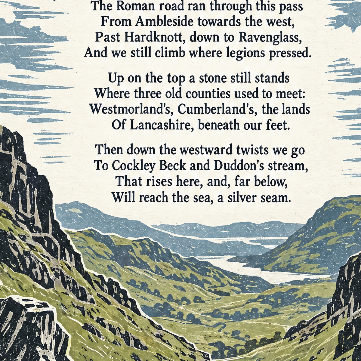 Wrynose Pass poem print close-up: the lettering of the poem
