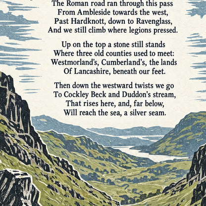 Wrynose Pass poem print close-up: the lettering of the poem