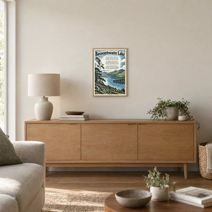 Bassenthwaite Lake poem print at A3 size, in a natural frame, hanging in a living room