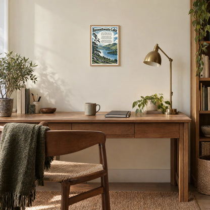 Bassenthwaite Lake poem print at A4 size, in a natural frame, hanging in a study