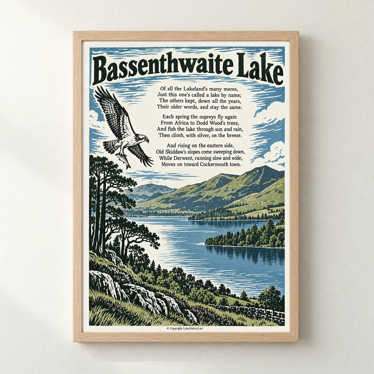 Bassenthwaite Lake poem print in a natural frame