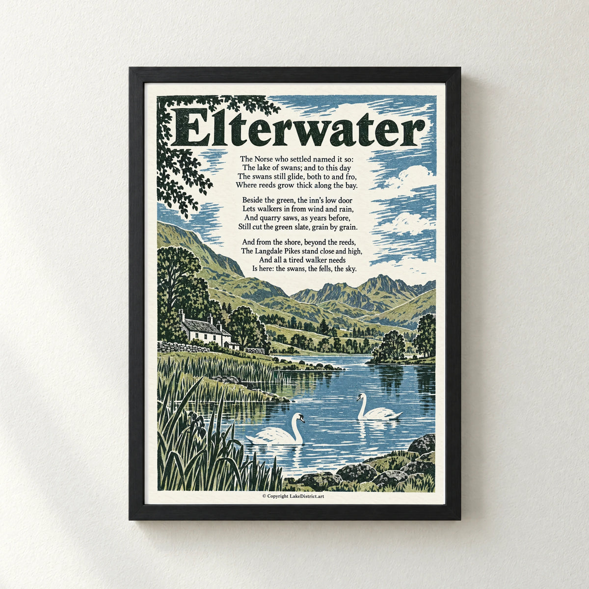 Elterwater poem print in a black frame