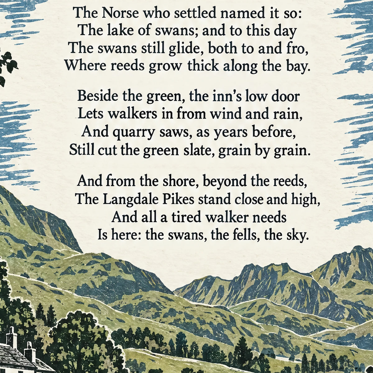 Elterwater poem print close-up: the lettering of the poem