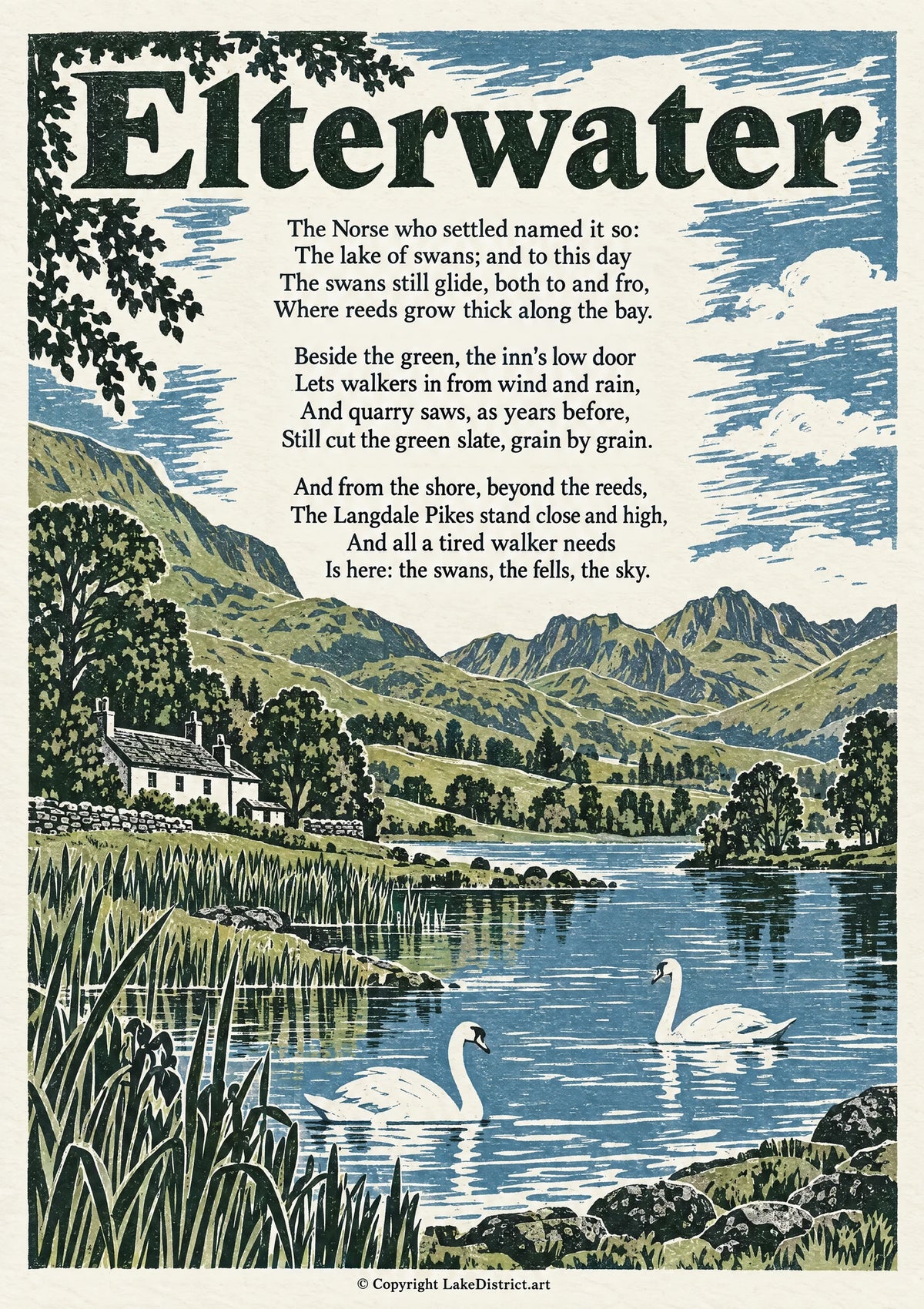 Elterwater, an illustrated Lake District poem print