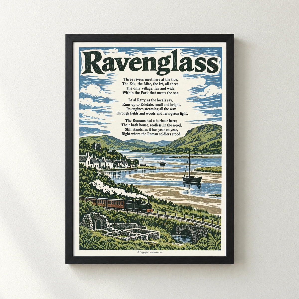 Ravenglass poem print in a black frame
