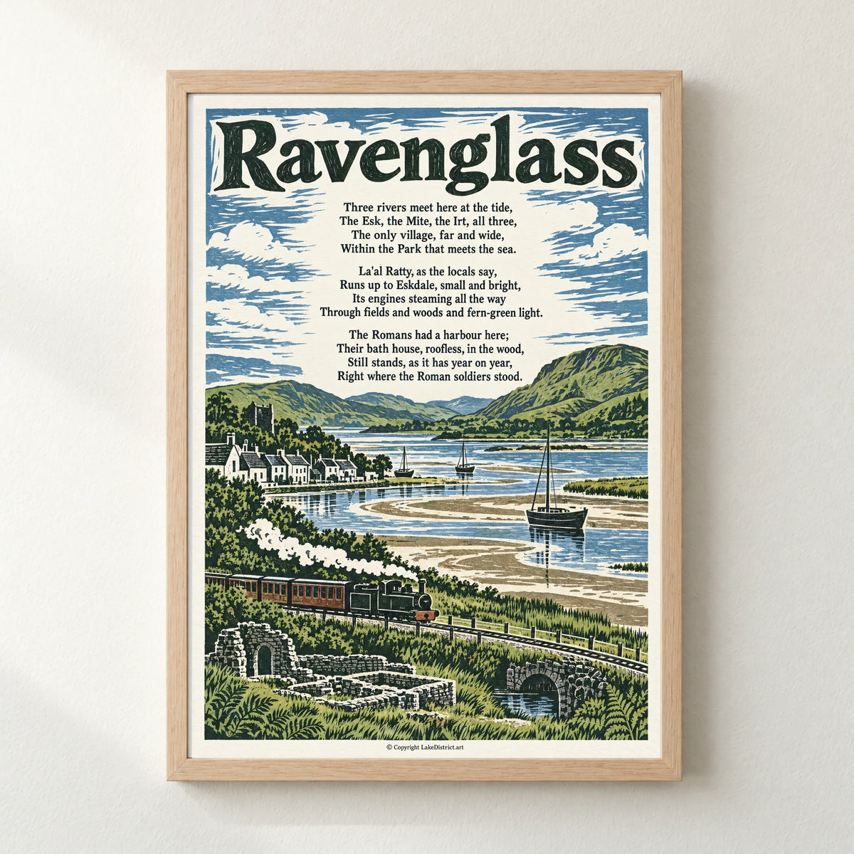 Ravenglass poem print in a natural frame