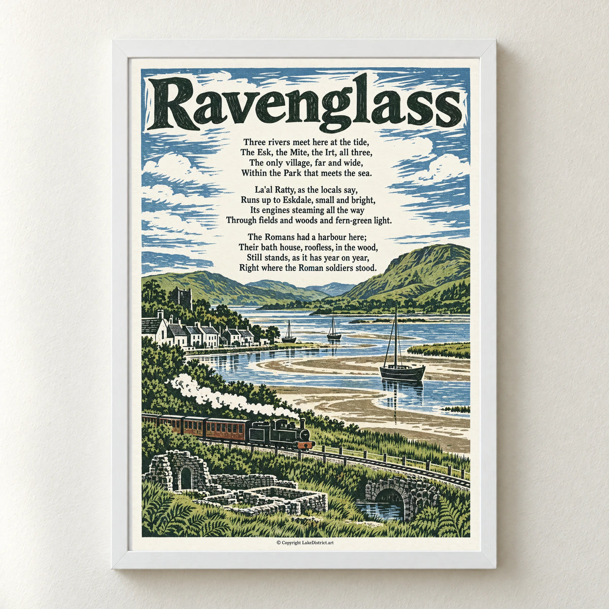 Ravenglass poem print in a white frame