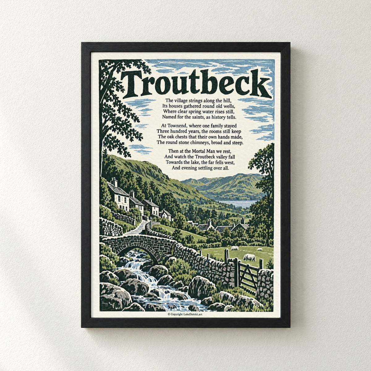 Troutbeck poem print in a black frame