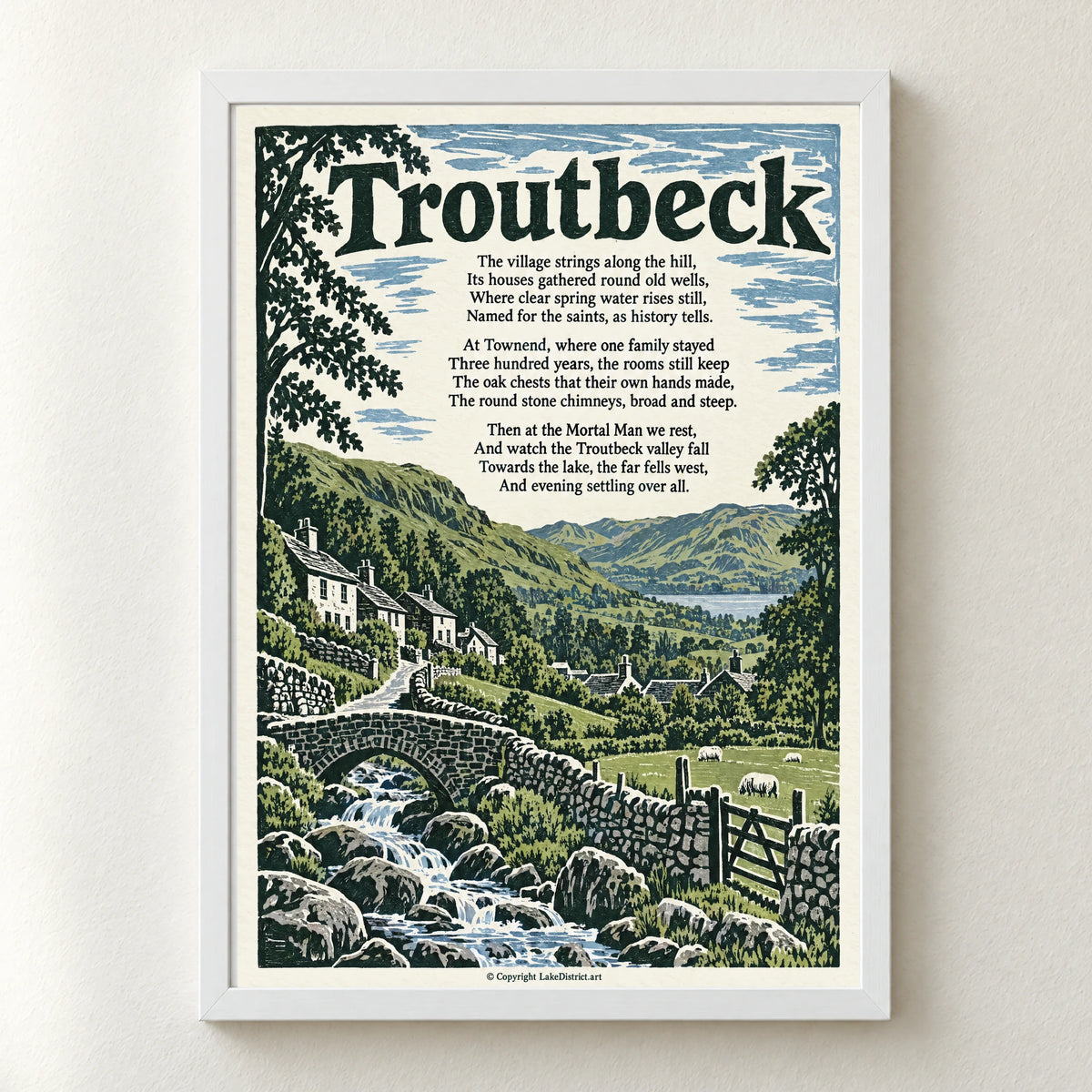 Troutbeck poem print in a white frame