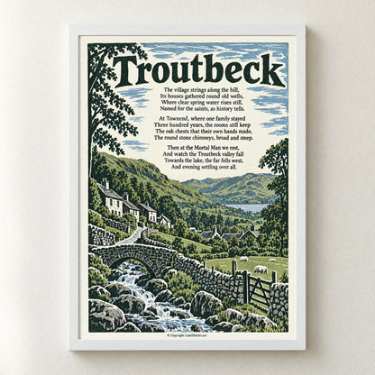 Troutbeck poem print in a white frame