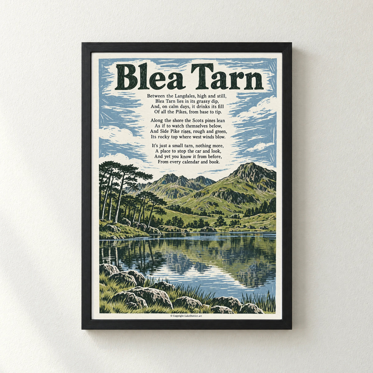 Blea Tarn poem print in a black frame