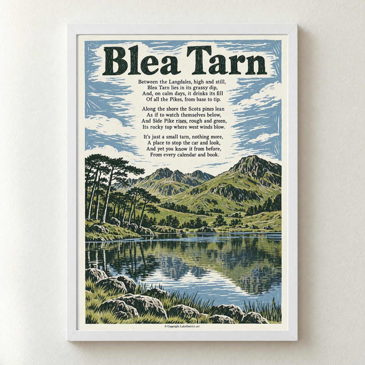 Blea Tarn poem print in a white frame