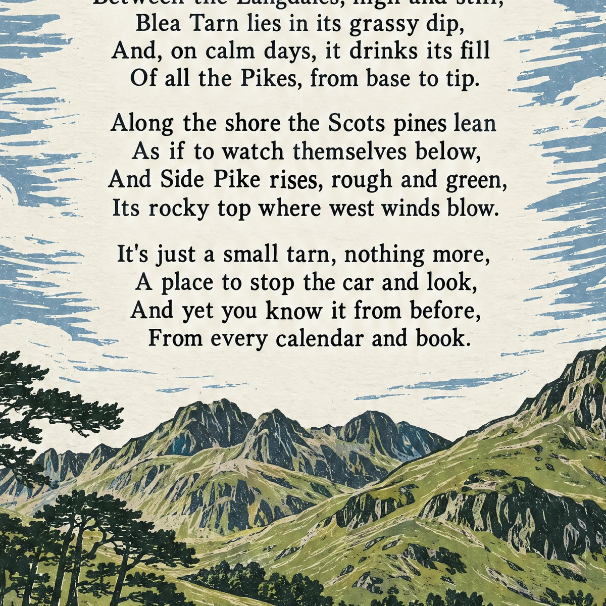 Blea Tarn poem print close-up: the lettering of the poem