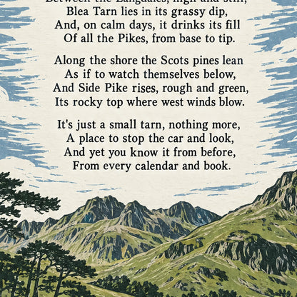 Blea Tarn poem print close-up: the lettering of the poem