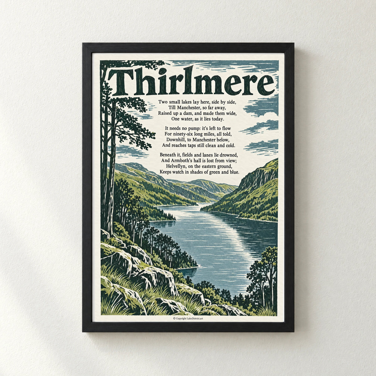 Thirlmere poem print in a black frame