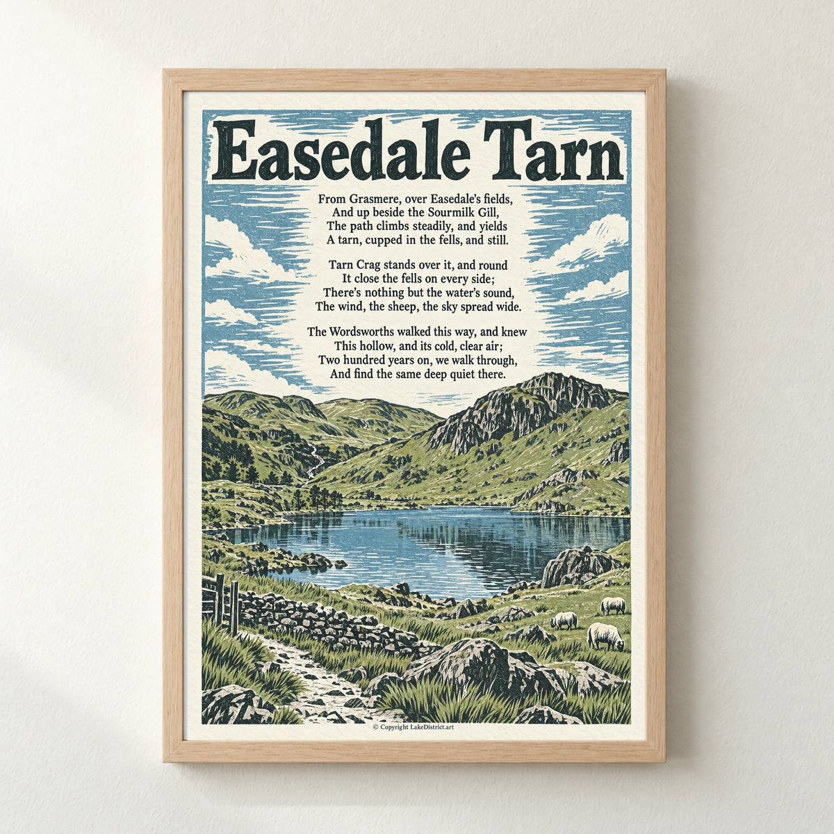 Easedale Tarn poem print in a natural frame