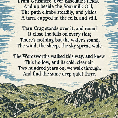 Easedale Tarn poem print close-up: the lettering of the poem