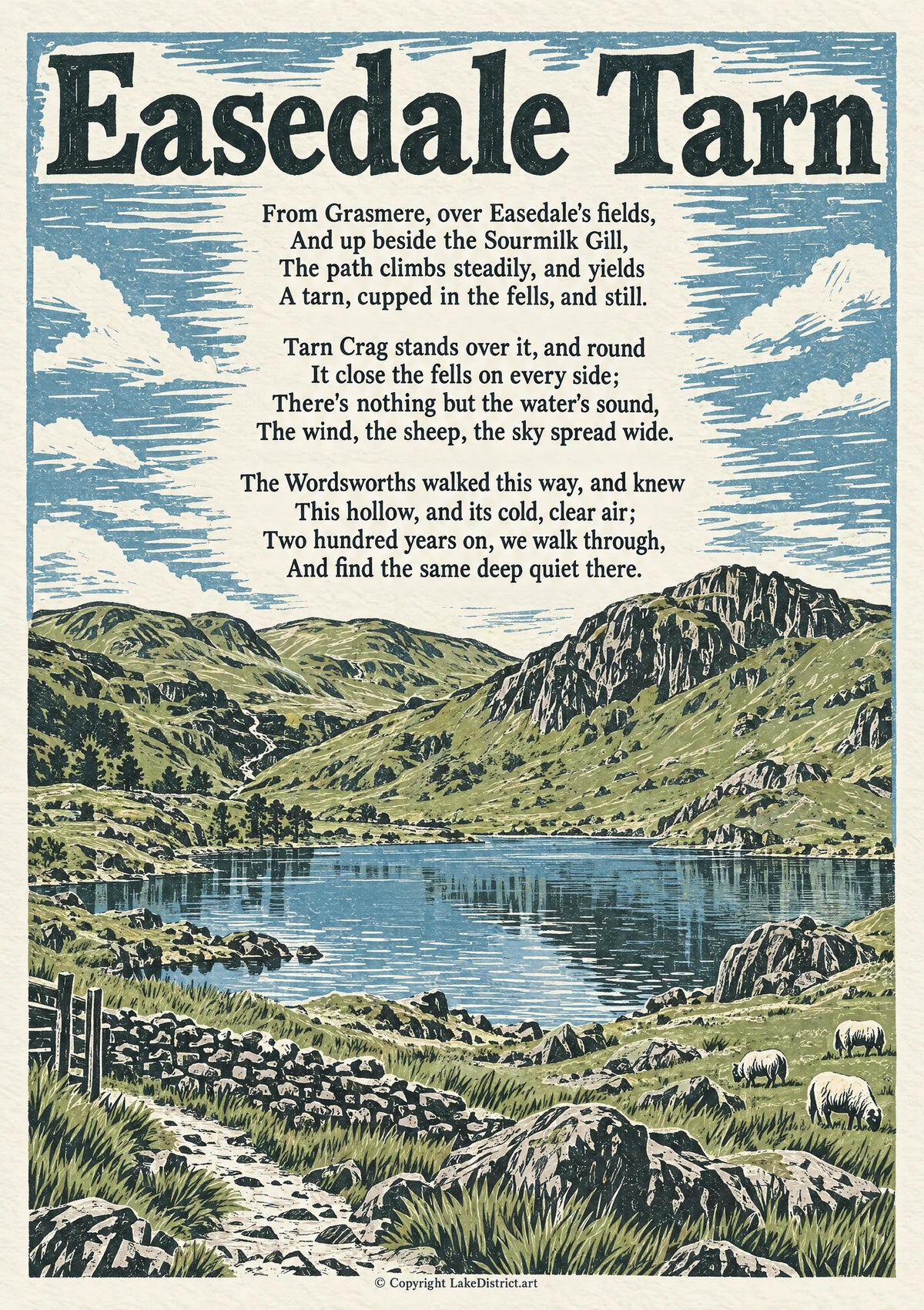 Easedale Tarn, an illustrated Lake District poem print