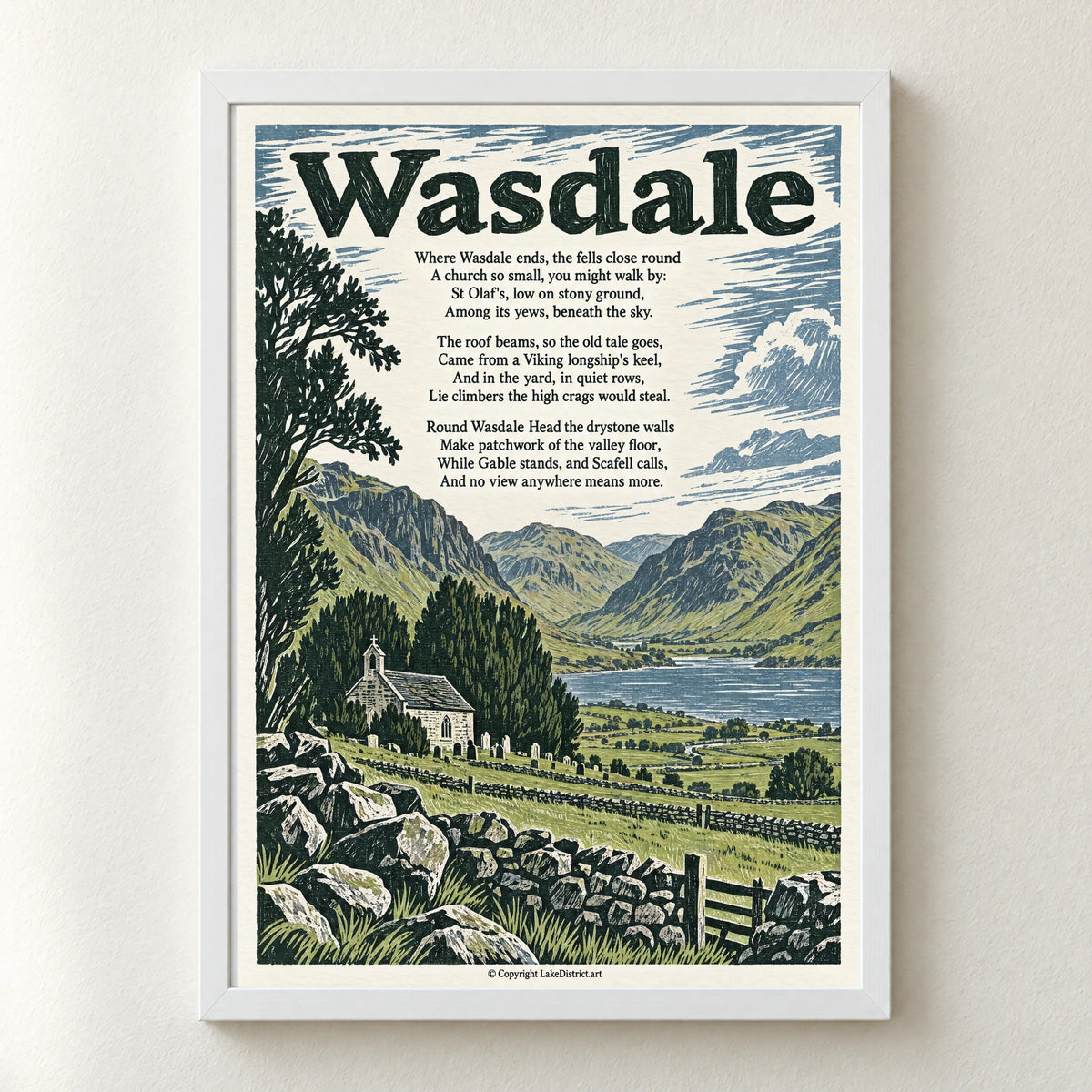 Wasdale poem print in a white frame