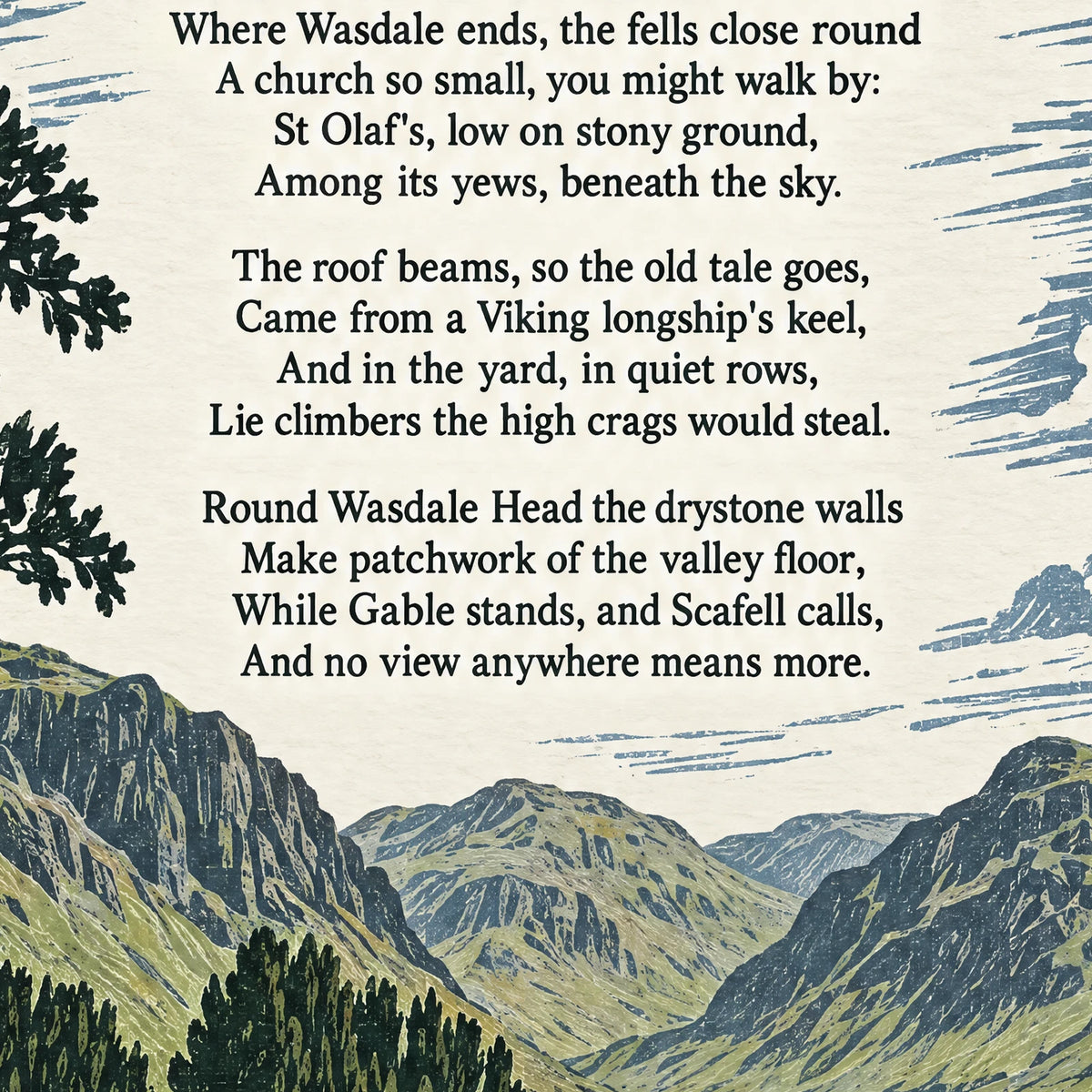 Wasdale poem print close-up: the lettering of the poem