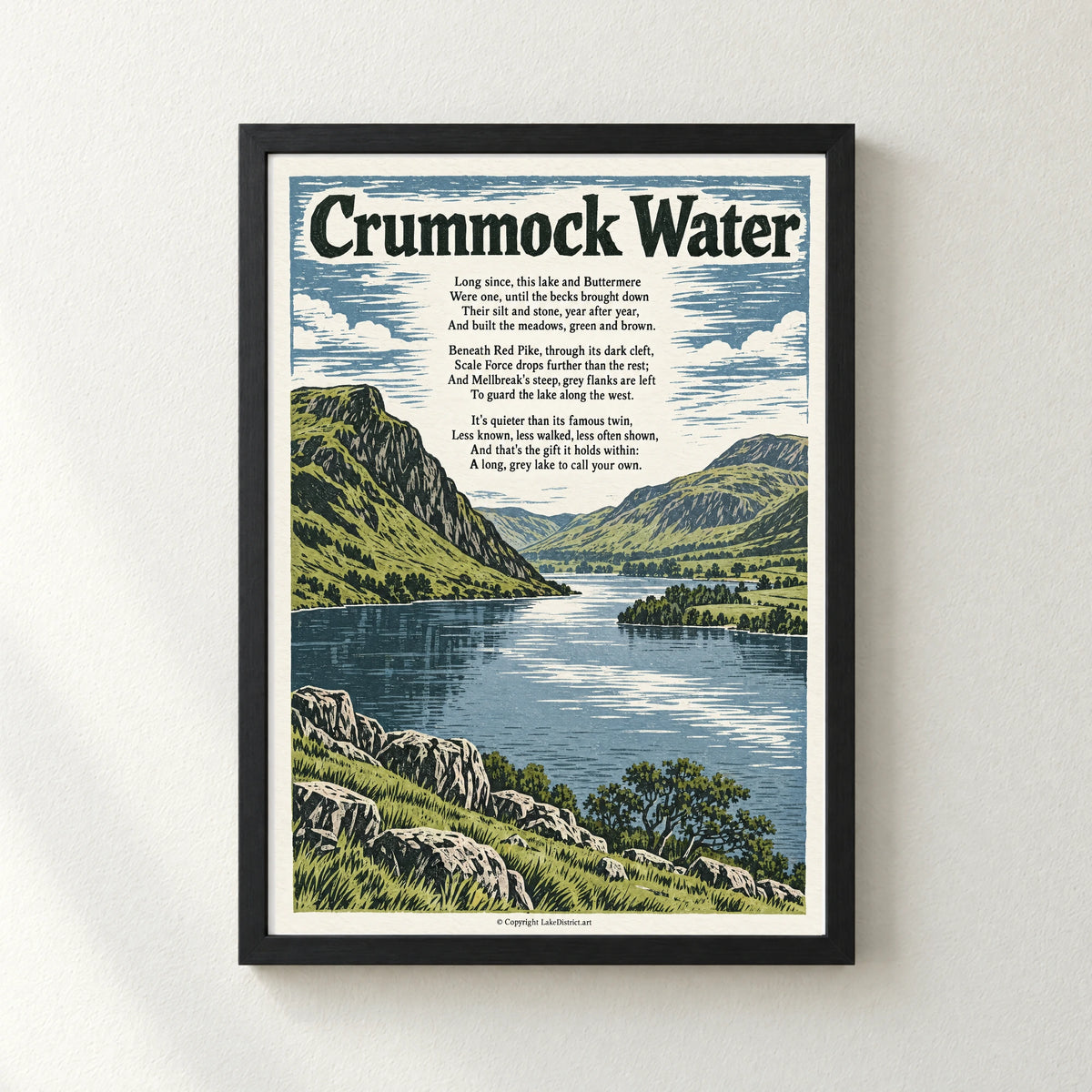 Crummock Water poem print in a black frame