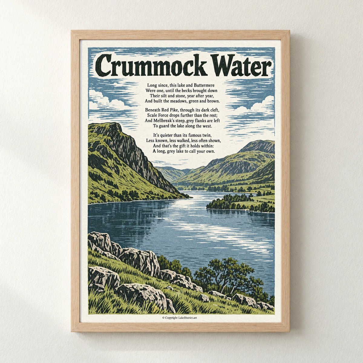Crummock Water poem print in a natural frame