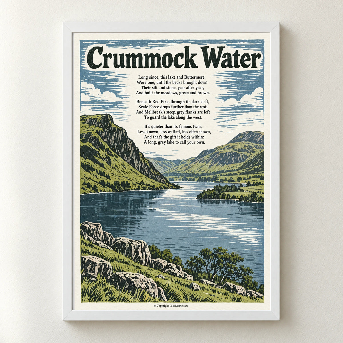 Crummock Water poem print in a white frame