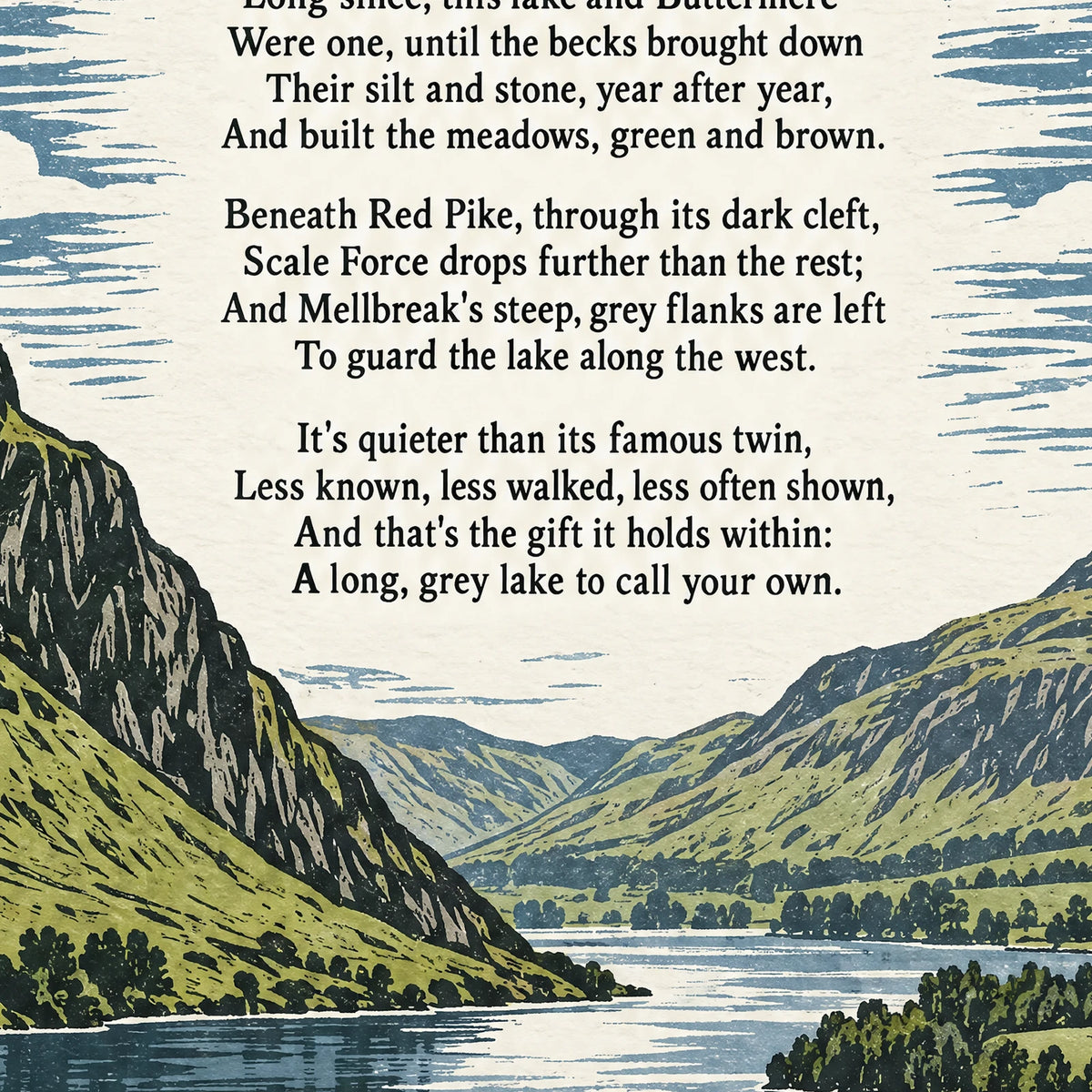 Crummock Water poem print close-up: the lettering of the poem
