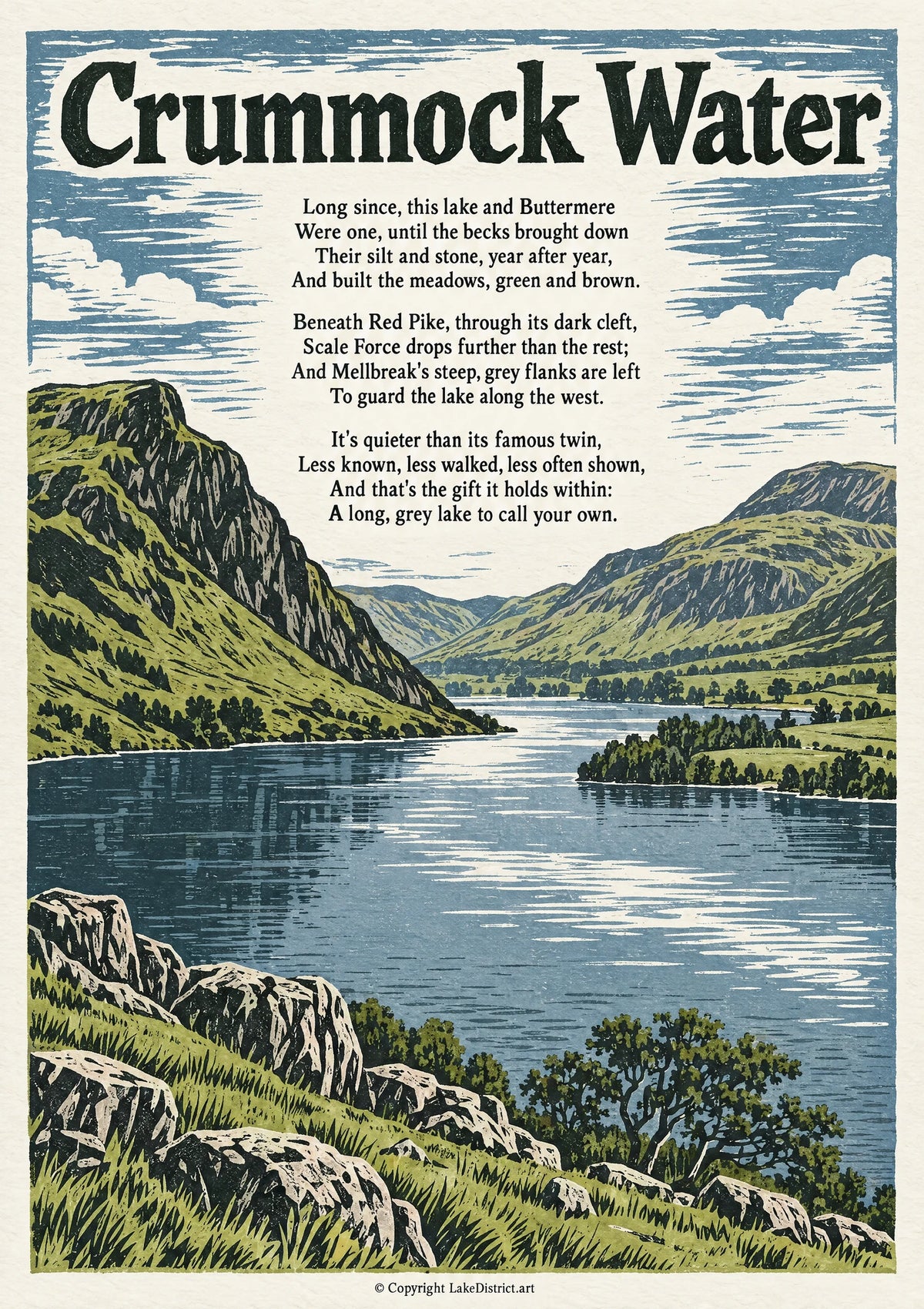 Crummock Water, an illustrated Lake District poem print