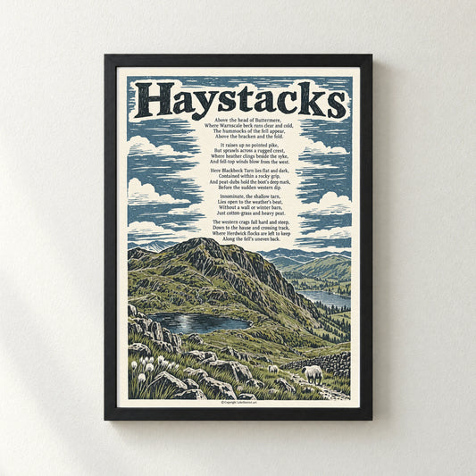Haystacks poem print in a black frame
