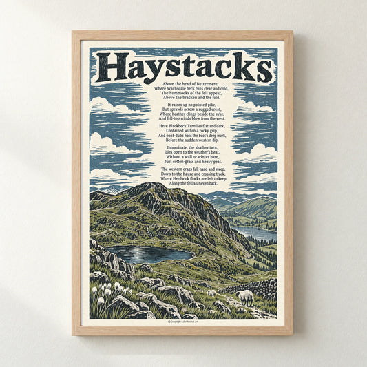 Haystacks poem print in a natural frame