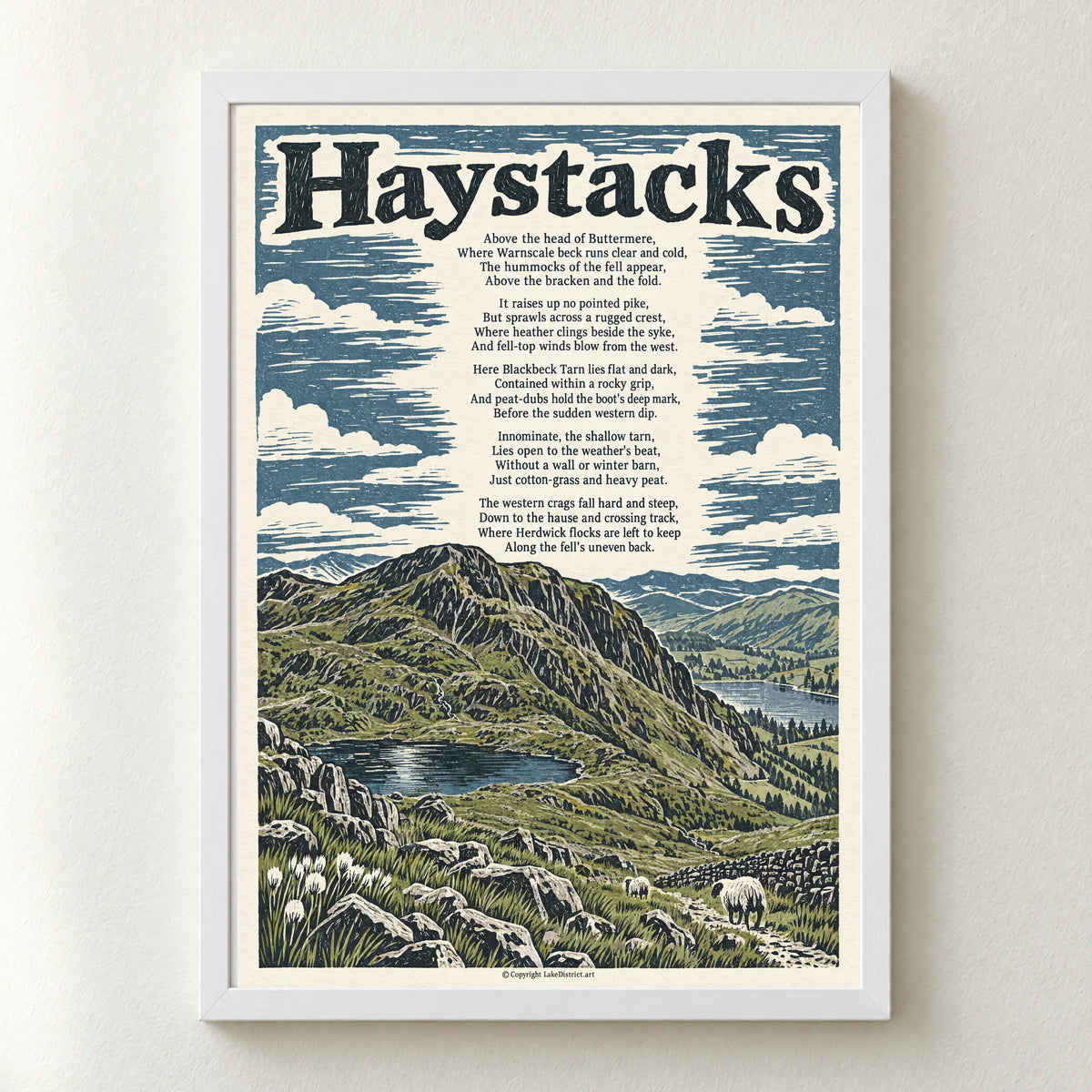 Haystacks poem print in a white frame