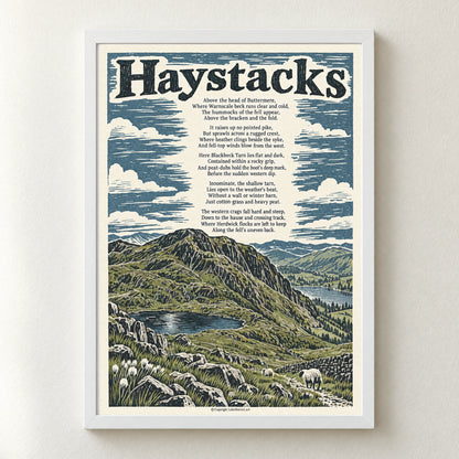 Haystacks poem print in a white frame