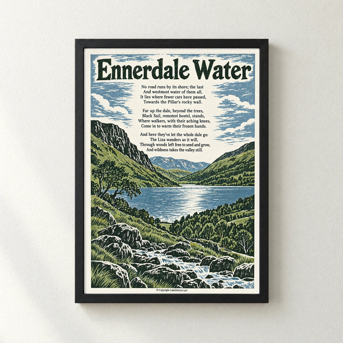 Ennerdale Water poem print in a black frame