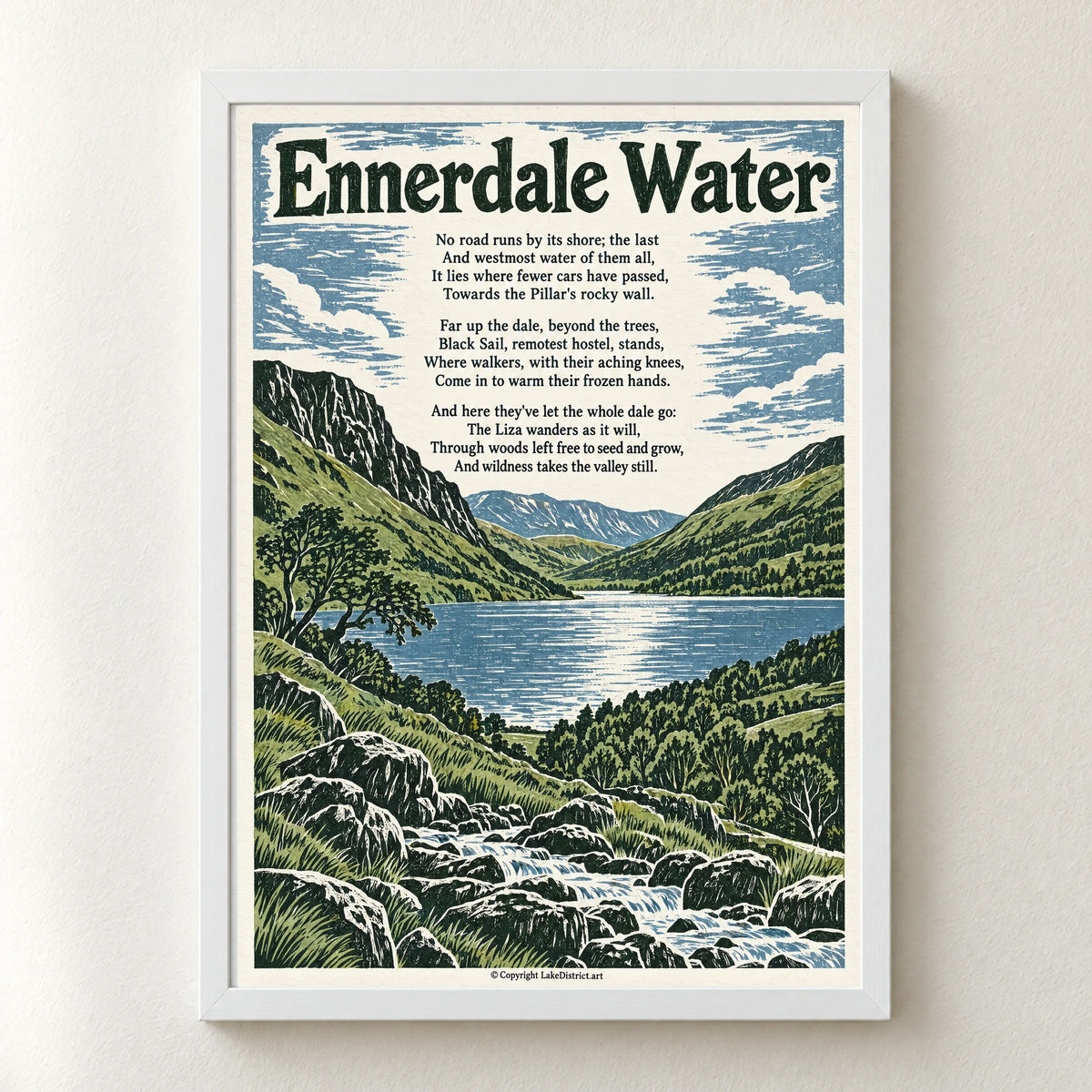 Ennerdale Water poem print in a white frame