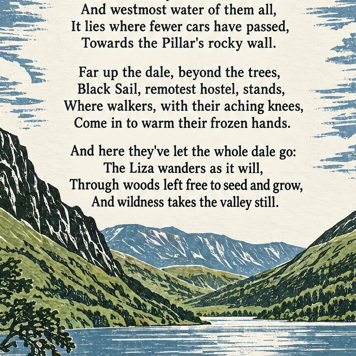 Ennerdale Water poem print close-up: the lettering of the poem