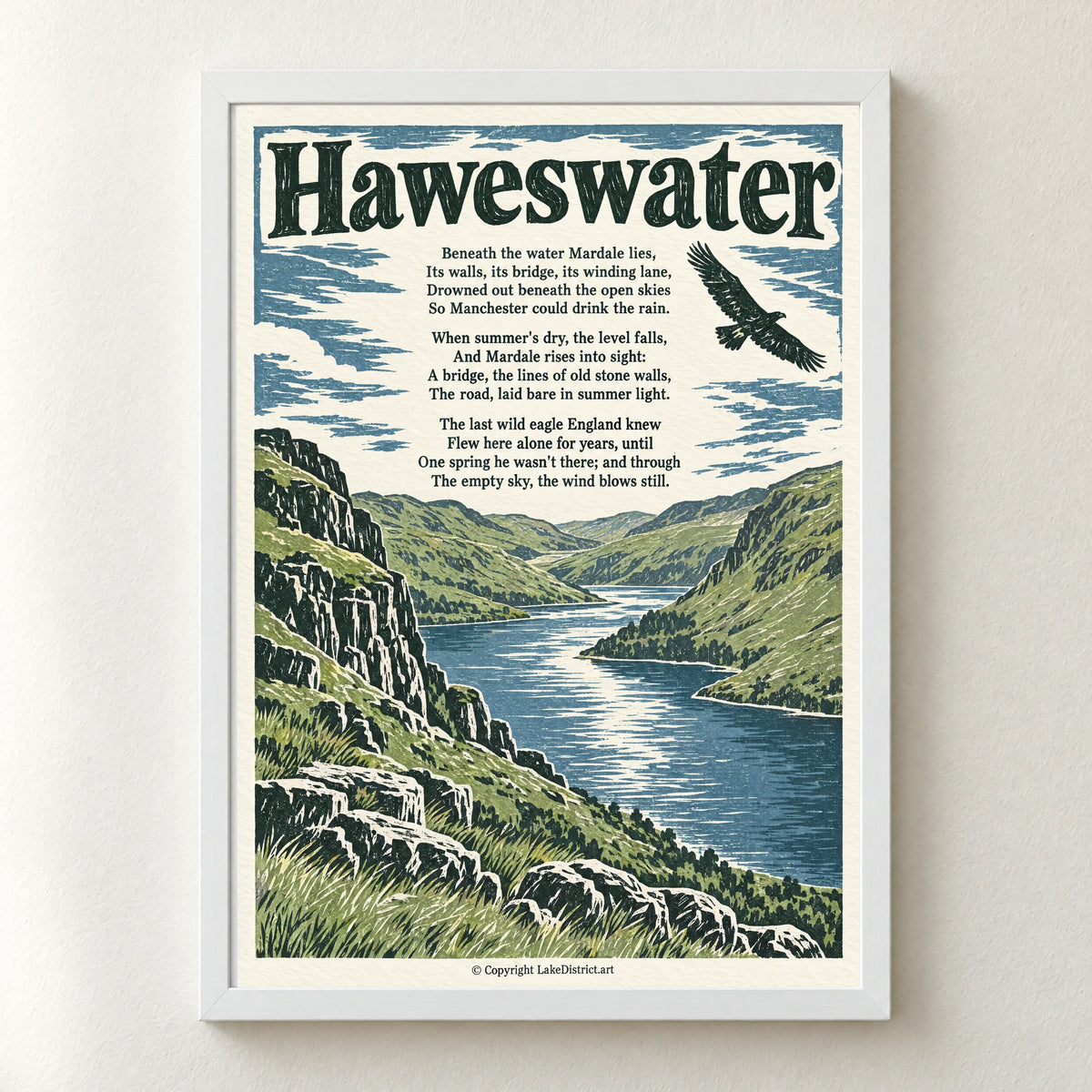 Haweswater poem print in a white frame