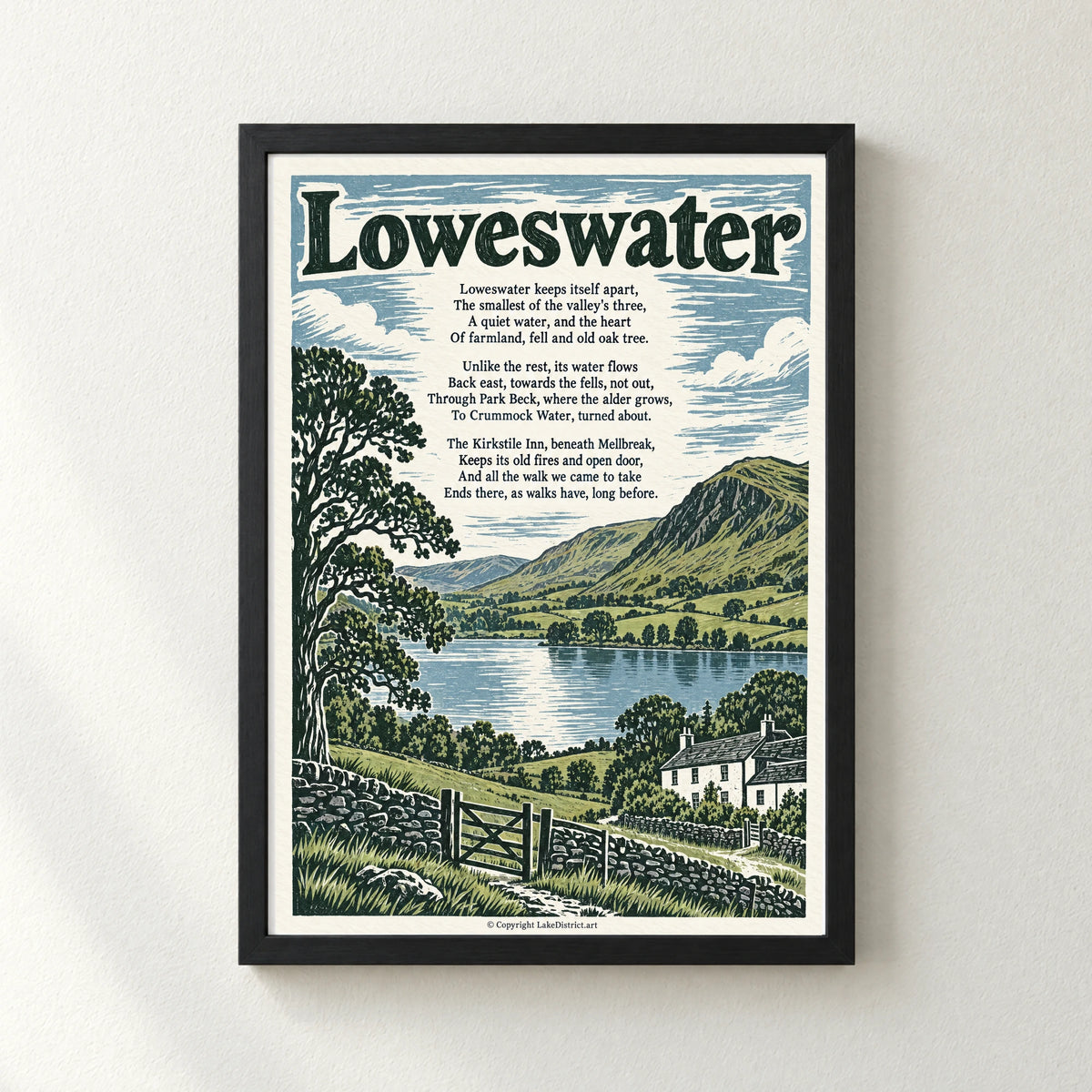 Loweswater poem print in a black frame