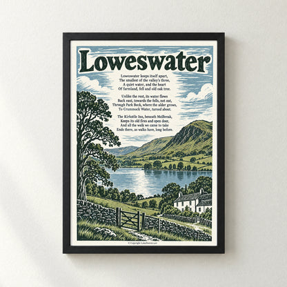 Loweswater poem print in a black frame