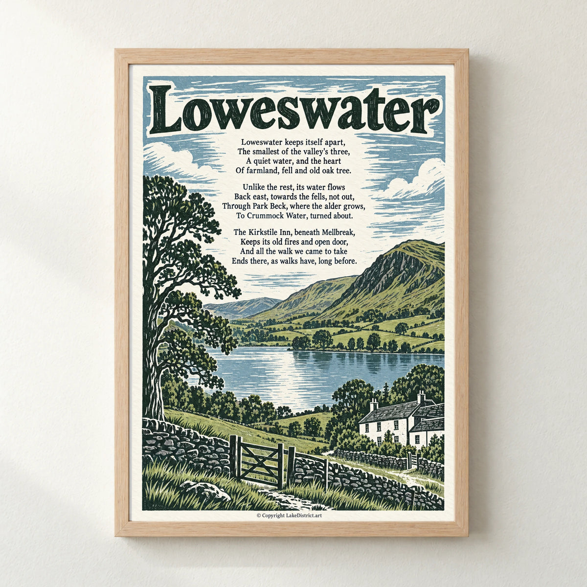 Loweswater poem print in a natural frame